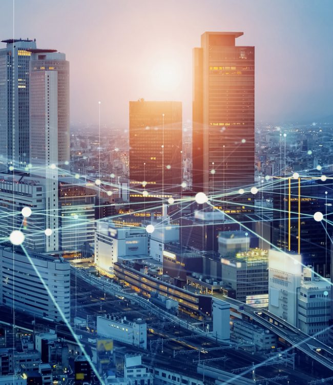 Smart city and communication network concept. 5G. IoT (Internet of Things). Telecommunication.