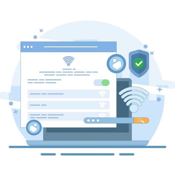 wifi network security and protection concept. wifi encryption. technology and safety. wifi signal symbol, search bar, account and shield with check mark. flat design illustration.